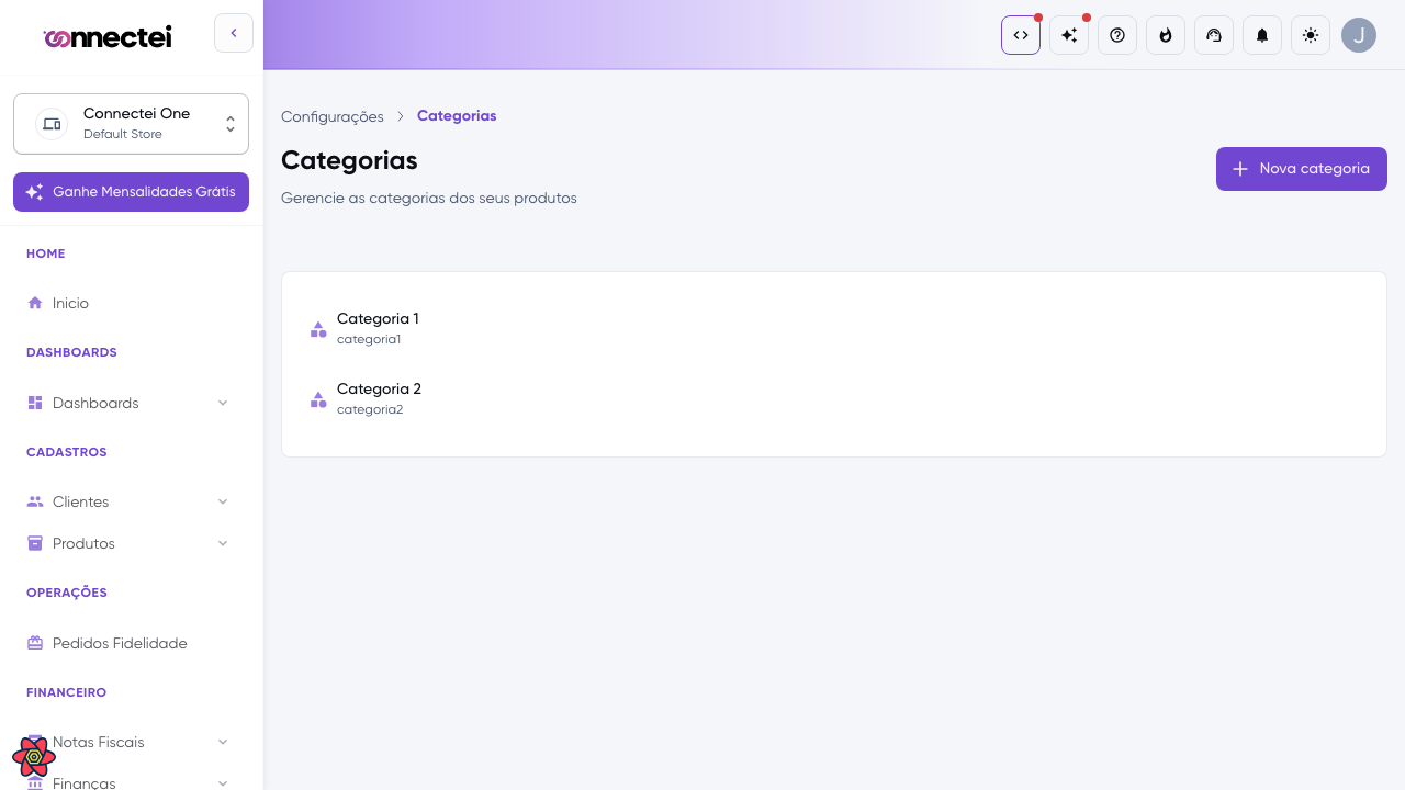 Lista de categorias do sistema
