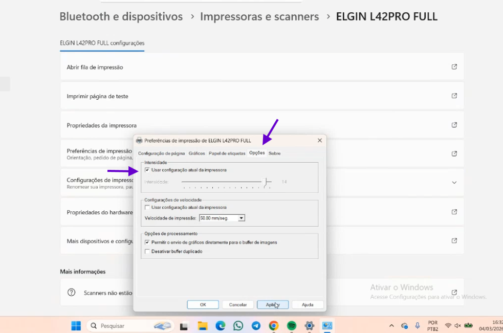 Preferências de impressão na aba Opções com intensidade padrão selecionada